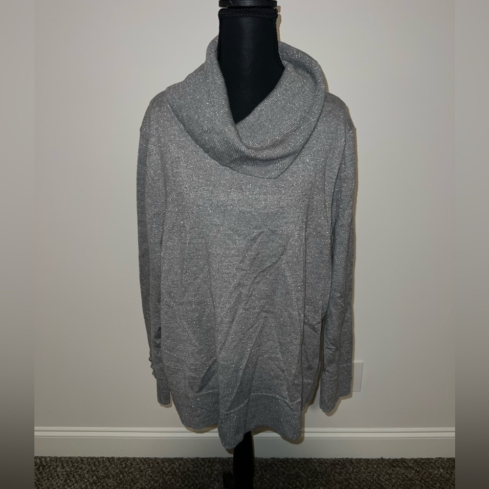 Talbots Shimmering Gray Metallic Cowl Neck Merino Wool Sweater Size 3X